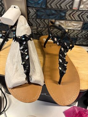 Wild Pair Black T-Strap Jeweled Sandals with Tan Footbed